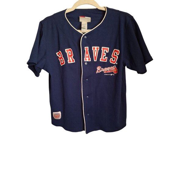 Vintage Atlanta Braves Navy Blue Button-Up Baseball Jersey Short Sleeve Size XL - Picture 1 of 11